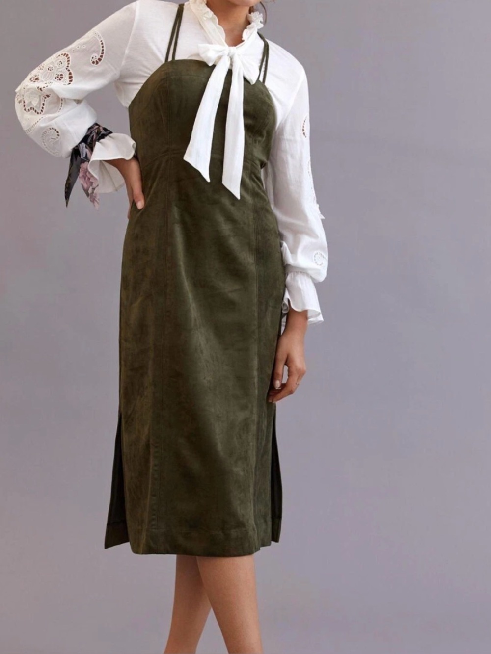 Anthropologie Strappy Faux Suede Midi Dress olive green/brown shade, size 12